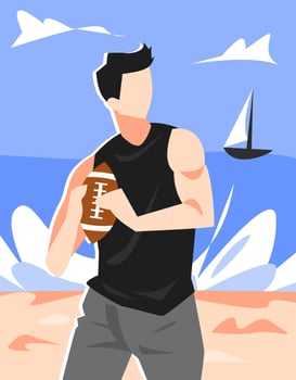 illustration of a man playing preparing to throw a rugby ball. beach, sea, boat background. summer theme concept, leisure, sport vector