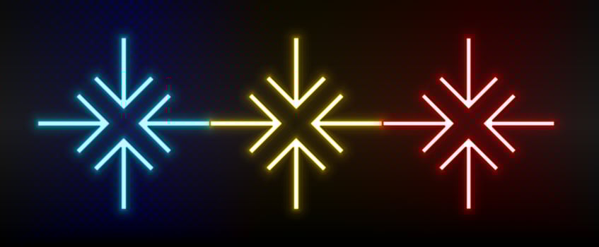 Neon icons. Ui arrow. Set of red, blue, yellow neon vector icon on darken background