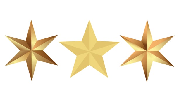 A set of gold stars. Glossy Christmas yellow badge. Design elements for holidays. A shiny yellow metal badge or medal template. Vector illustration.
