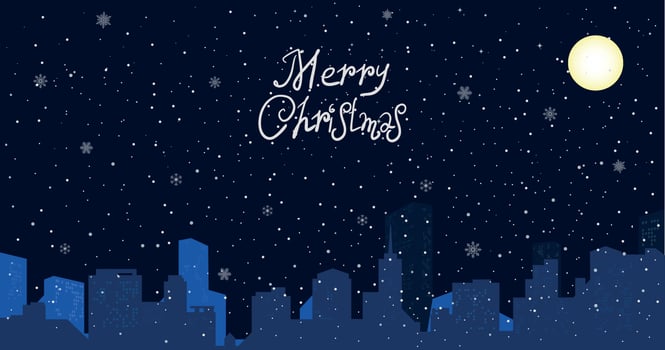 Night cityscape Christmas background with falling snow, and lights. The city in the winter during the night. vector