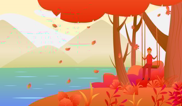 Vector silhouette of boy on swing. Sunset.