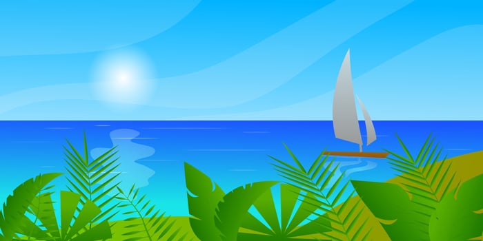 Sailboat in the sea, Sun Clouds Tropical island with beach and coconut palms, Tropical leaves, Vector illustration for advertising travel tourism cruises travel agency discounts and sales Paper style.