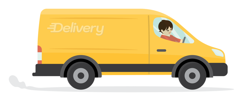 Delivery truck van with courier cartoon isolated. Illustration of yellow truck delivery flat design. png