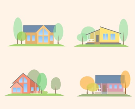 Houses exterior vector illustration front view with roof. Modern. Townhouse building apartment. Home facade with doors and windows. Cartoon small town houses