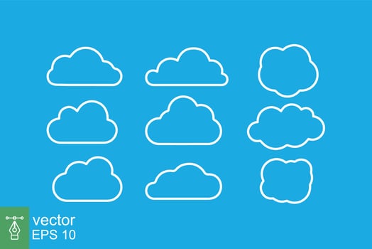 Set of vector cloud icon. Simple outline style. Abstract, decoration element, set of sky symbol, nature concept. Thin line vector illustration isolated on blue background. EPS 10.