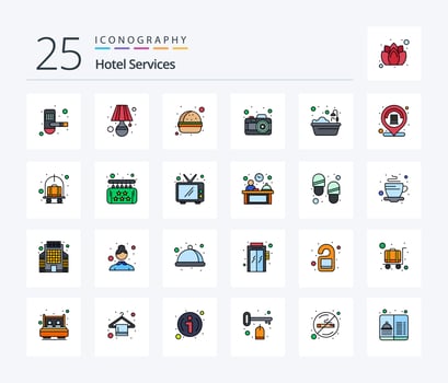Hotel Services 25 Line Filled icon pack including hotel. bath. burger. picture. camera vector