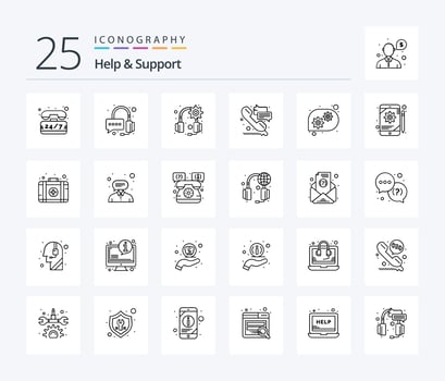 Help And Support 25 Line icon pack including app. technical help. headphones. gear. support vector