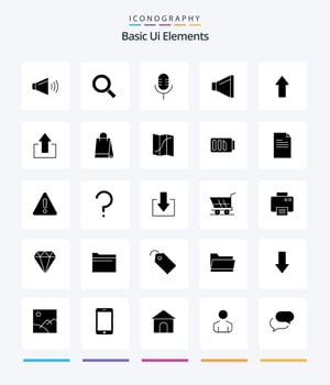 Creative Basic Ui Elements 25 Glyph Solid Black icon pack  Such As up. arrow. mic. volume. sound vector