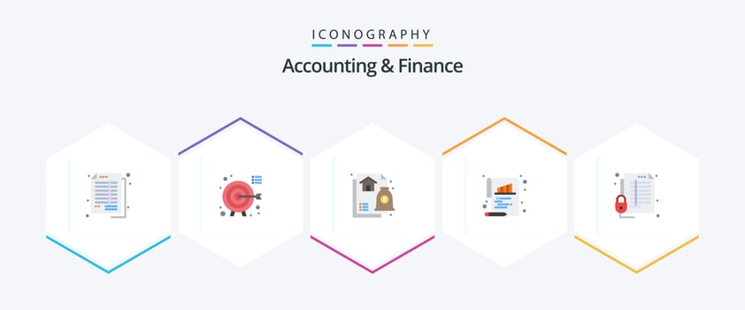 Accounting And Finance 25 Flat icon pack including lock. document. focus. chart. mortgage vector