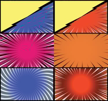 Comic book colorful frames background with halftone rays radial and dotted effects pop art style vector