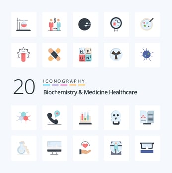 20 Biochemistry And Medicine Healthcare Flat Color icon Pack like test man tube medical skull vector