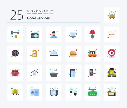 Hotel Services 25 Flat Color icon pack including table. light. cleaning service. lamp. tea vector
