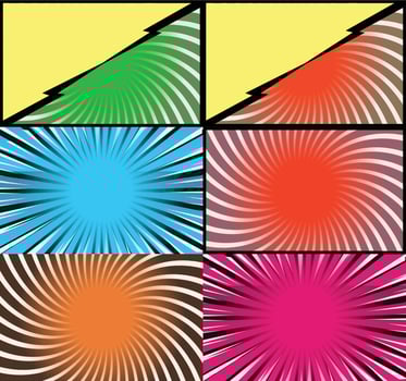 Comic book colorful frames background with halftone rays radial and dotted effects pop art style vector