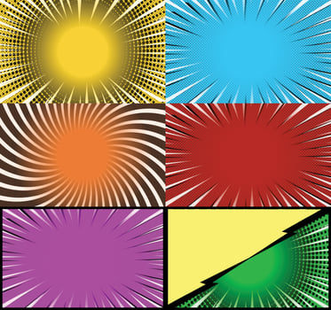 Comic book colorful frames background with halftone rays radial and dotted effects pop art style vector