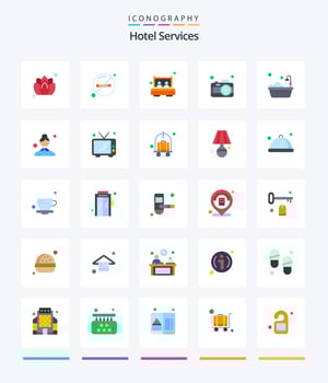 Creative Hotel Services 25 Flat icon pack  Such As hotel. bath. bed. picture. camera vector