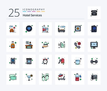 Hotel Services 25 Line Filled icon pack including safe. sleep. bottle. single. bed vector