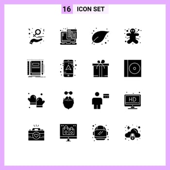 Set of 16 Modern UI Icons Symbols Signs for book gingerbread man web ginger plant Editable Vector Design Elements