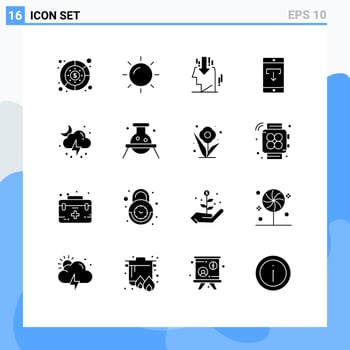 Solid Glyph Pack of 16 Universal Symbols of weather mobile application marketing mobile data Editable Vector Design Elements