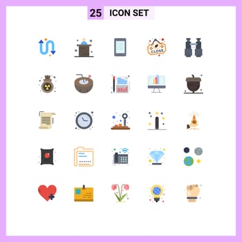 Mobile Interface Flat Color Set of 25 Pictograms of find sign read close coffee Editable Vector Design Elements