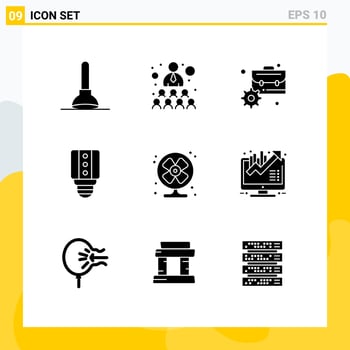 Group of 9 Modern Solid Glyphs Set for summer conditioner business air led Editable Vector Design Elements