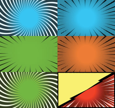 Comic book colorful frames background with halftone rays radial and dotted effects pop art style vector