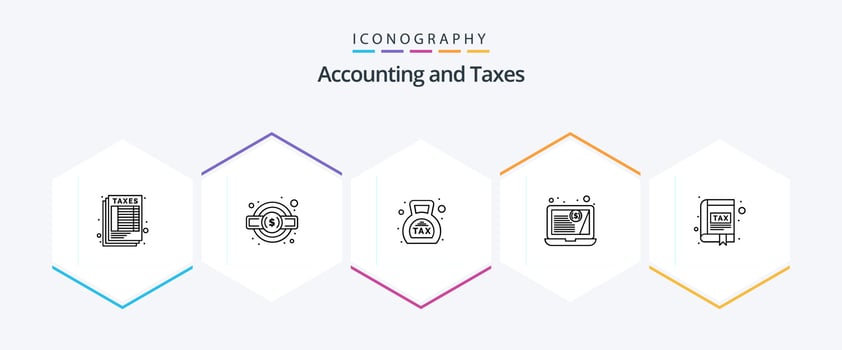 Taxes 25 Line icon pack including book. financial statement. banking. finances. tax vector