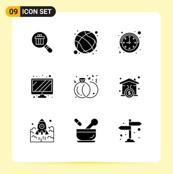 Group of 9 Modern Solid Glyphs Set for marriage diamond exercise device monitor Editable Vector Design Elements