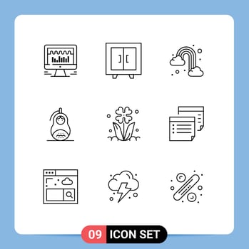 Universal Icon Symbols Group of 9 Modern Outlines of flora peace rain matrioshka fraud Editable Vector Design Elements