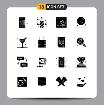 Modern Set of 16 Solid Glyphs and symbols such as drink nature coding lotus blooming Editable Vector Design Elements