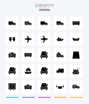 Creative Vehicles 25 Glyph Solid Black icon pack  Such As flight. forklift truck. bus. forklift. caterpillar vehicles vector