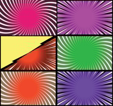 Comic book colorful frames background with halftone rays radial and dotted effects pop art style vector