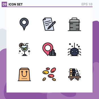 Filledline Flat Color Pack of 9 Universal Symbols of hotel location pan summer drink Editable Vector Design Elements