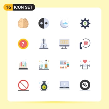 Pack of 16 Modern Flat Colors Signs and Symbols for Web Print Media such as question ask moon about gear insurance Editable Pack of Creative Vector Design Elements