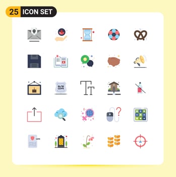 Group of 25 Modern Flat Colors Set for diskette pretzel seo food soccer Editable Vector Design Elements