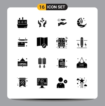 Group of 16 Modern Solid Glyphs Set for celebrate plane growing paper plane hand Editable Vector Design Elements