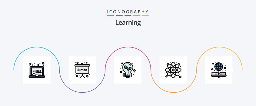 Learning Line Filled Flat 5 Icon Pack Including globe. book. light. science. atom vector