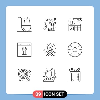 Editable Vector Line Pack of 9 Simple Outlines of campfire setting home page gear Editable Vector Design Elements