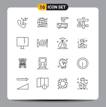 Pack of 16 Modern Outlines Signs and Symbols for Web Print Media such as pc alert bath pin map Editable Vector Design Elements