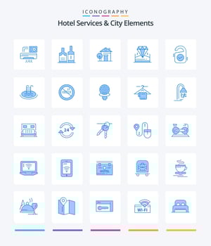 Creative Hotel Services And City Elements 25 Blue icon pack  Such As sale. hotel. building. jewel. brilliant vector