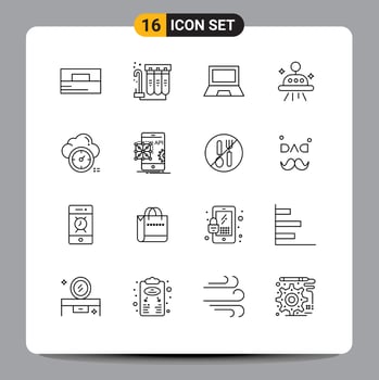 16 User Interface Outline Pack of modern Signs and Symbols of time ufo computers space laptop Editable Vector Design Elements