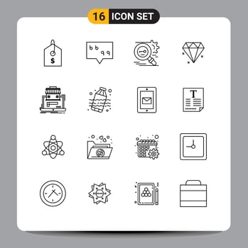 Pictogram Set of 16 Simple Outlines of online market organization research marketplace jewelery Editable Vector Design Elements
