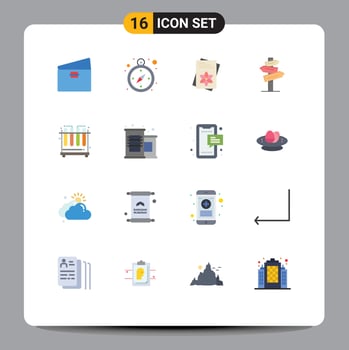 Pack of 16 Modern Flat Colors Signs and Symbols for Web Print Media such as test room seeds motel direction Editable Pack of Creative Vector Design Elements