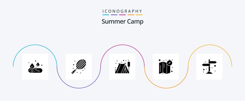 Summer Camp Glyph 5 Icon Pack Including . direction. outdoor. camping. map vector
