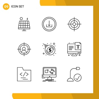 Set of 9 Commercial Outlines pack for dollar bomb explosion business man target Editable Vector Design Elements