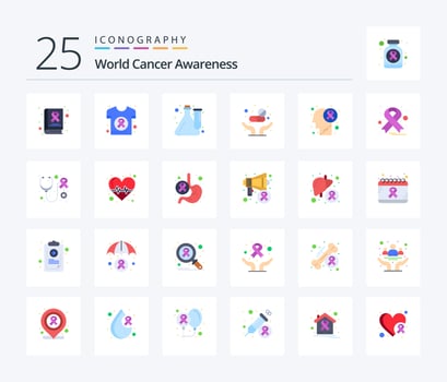 World Cancer Awareness 25 Flat Color icon pack including care. pills. shirt. medicine. lab vector