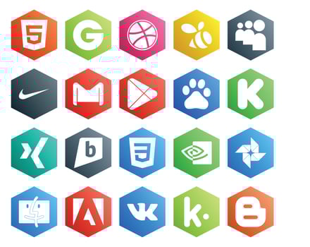 20 Social Media Icon Pack Including photo css mail brightkite kickstarter vector