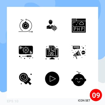 Pictogram Set of 9 Simple Solid Glyphs of coaching service goal repairs development Editable Vector Design Elements
