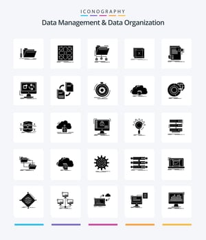 Creative Data Management And Data Organization 25 Glyph Solid Black icon pack  Such As message. error. matrix. network. files vector