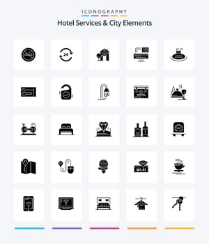 Creative Hotel Services And City Elements 25 Glyph Solid Black icon pack  Such As room. aircondition. service. air. house vector