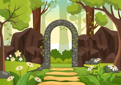 Portal with Summer Landscape Stone Arch Entrance to Public Park, Green Grass or Garden in Flat Cartoon Hand Drawn Template Illustration vector